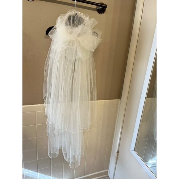 Other - Vintage 1990s Beaded Bridal Headband Veil Cream Tulle Two Tier Mid Length